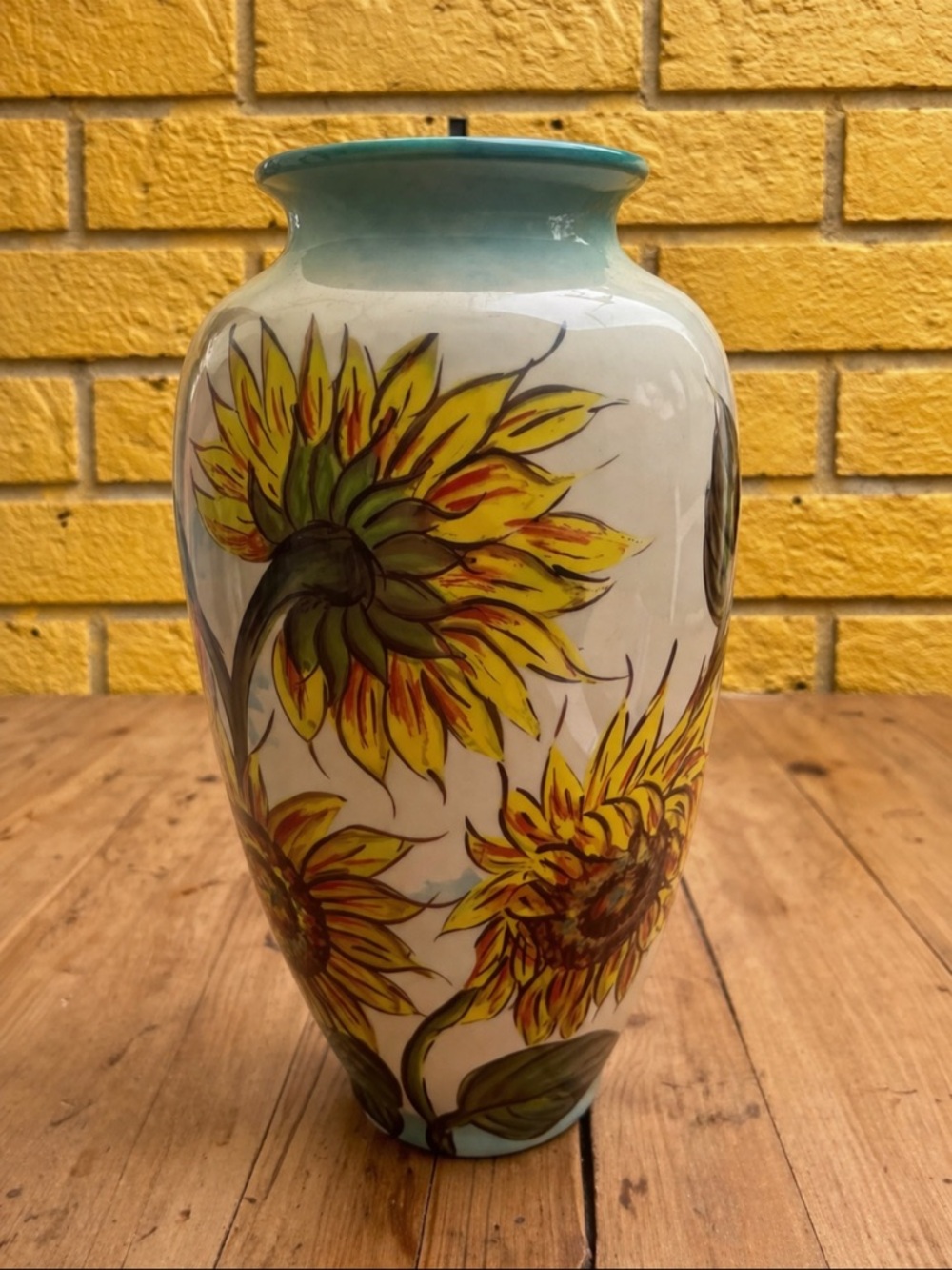 Hand-Painted Sunflower Ceramic Vase in Yellow and Teal